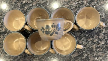 Pfaltzgraff Folk Art Floral Tan Ceramic Mug Set of 8