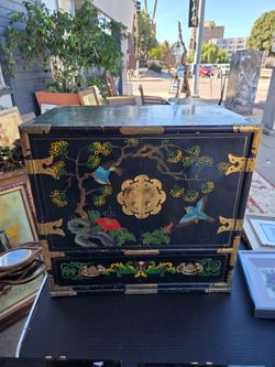 Large Oriental-Style Black Lacquer Cabinet / Jewelry Box, Hand-Painted with Brass Fittings