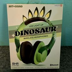 NEW! Dinosaur LED Light Up Wireless Headphones, Bluetooth, 8hr Playtime, collapsible & foldable