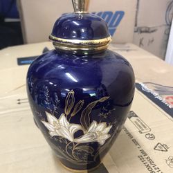 Vintage - Limburg Jar W/ Lid german porcelain cobalt Blue cobalt gold flowers