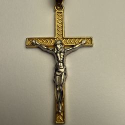 Real 10k Yellow & White Gold Jesus Cross Crucifix Charm Pendant 1.5” Inches Long 16mm Wide Bail Opening 4mm
