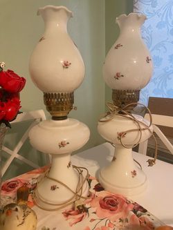 Pair of Vintage Milk Glass Hurricane Table Lamps