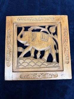 Hand-Carved Wooden Elephant Wall Plaque