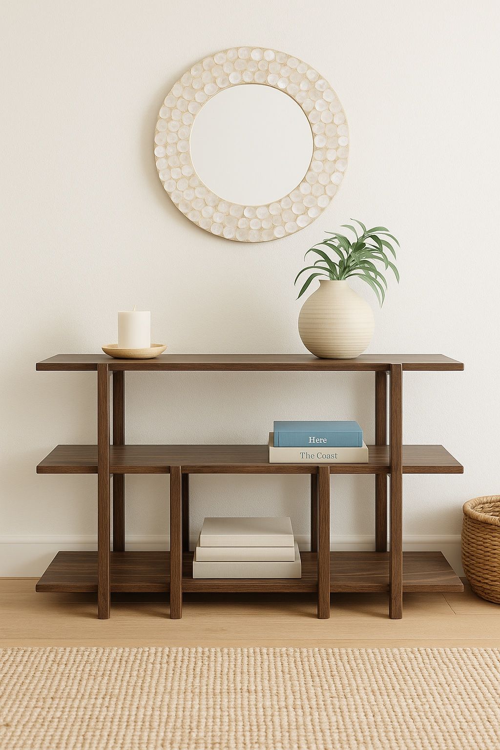 Mid-Century Modern Console Table – 3 Shelf Storage