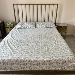 Queen Bed Frame + 2 Matching Gold Side Tables (Modern Set)