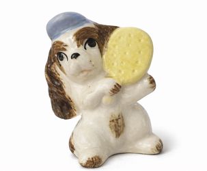 Hand-Painted Ceramic Dog Figurine Holding a Cookie