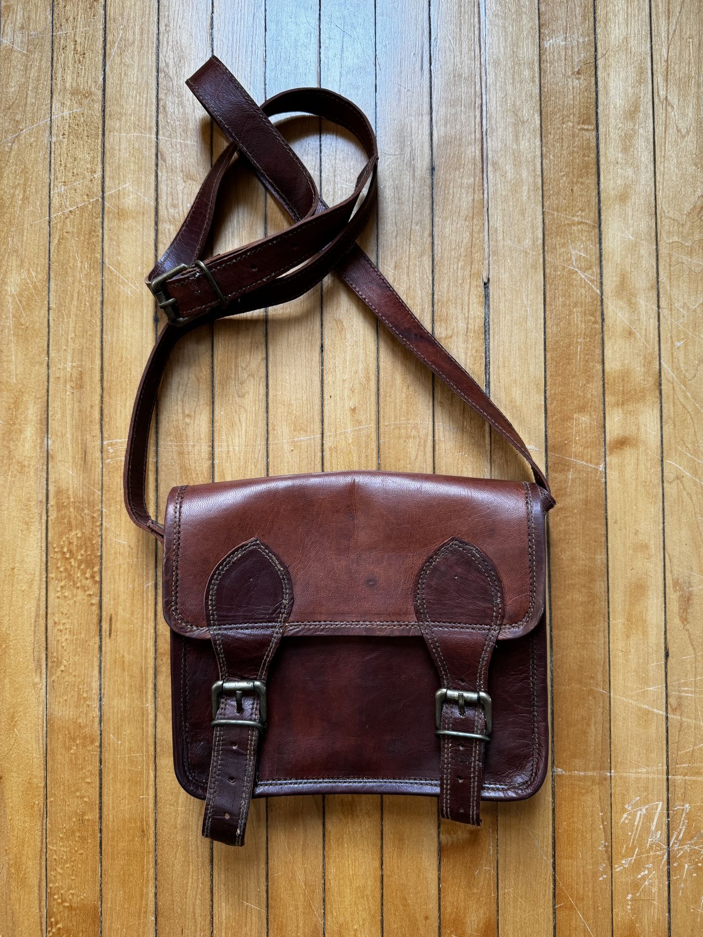 VTG 90s Double Buckle Crossbody Small Purse Classic Brown Leather Men's Satchel