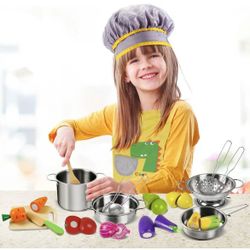 Play Kitchen Accessories, Wooden Play Food, Cooking Set with Stainless Steel Cookware Pots and Pans Utensils, Apron, Chef Hat, ​Cutting Food Kitchen P