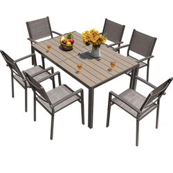 7 Pieces Patio Dining Set Outdoor Furniture with 6 Stackable Textilene Chairs and Large Table for Yard, Garden, Porch and Poolside, Grey