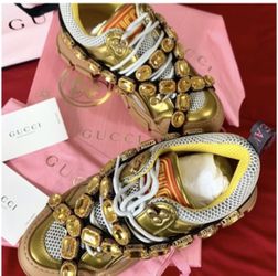Women’s Gucci Flashtrek Removable Crystals Sneakers Metallic Gold size 8 US