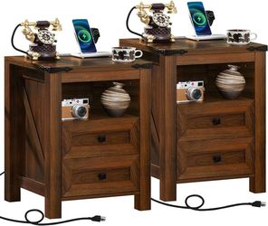 Nightstands Set of 2 with Charging Station and 2 Drawers, Farmhouse Retro Brown Night Stand, Bed Side End Tables, Open Shelf Storage, Bedside Cabinet 