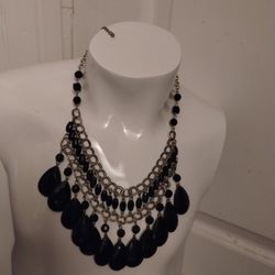 Black Beaded Chain Bib Necklace 