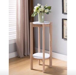 Natural Wood Plant Stand With Two Round Shelves, Light Brown and white. New in box