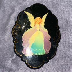 Vintage Brooch! Hand Painted Black IiLacquer Of A Fairy God Mother 