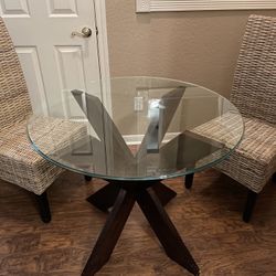 36 In Round Glass Top/wood Base; 2 High back Chairs