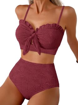 New Women's Seashell Textured Bikini Sets Knotted Front 2 Piece Swimsuits Ruffle Trim Bathing Suit
