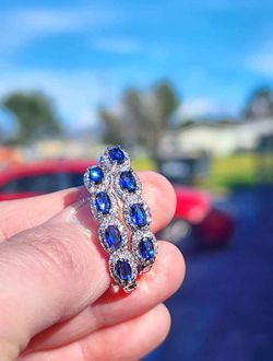 3 Carats Blue and White Sapphire 14kt White Gold Plated Sterling Silver Hoop Earrings