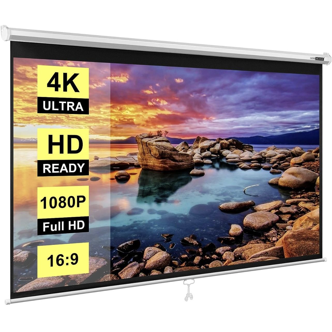 VIVOHOME 100Inch Manual Pull Down Projector Screen, 16:9 HD Retractable Widescreen for Movie Home Theater Cinema Office Video Game
