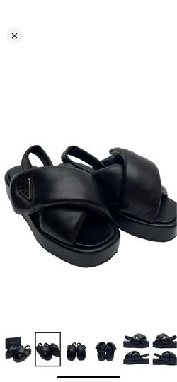 Prada Nappa Leather Padded Triangle Plate Logo Sandals Black