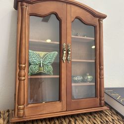Vintage Curio Cabinet Display Case Shelves Small Wood Glass Wall Hanging Trinkets Collectibles Miniatures 