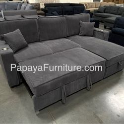 New! 89”L Reversible Grey corduroy Sectional Sofa Bed, Sectional Sofa Bed, Grey Sofa, Sleeper Sofa, Grey Couch, Reversible Sectional, Sectional Sofa W