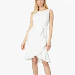 

Calvin Klein Sheath Dress Side Ruffle Size 2 White Tie/belt