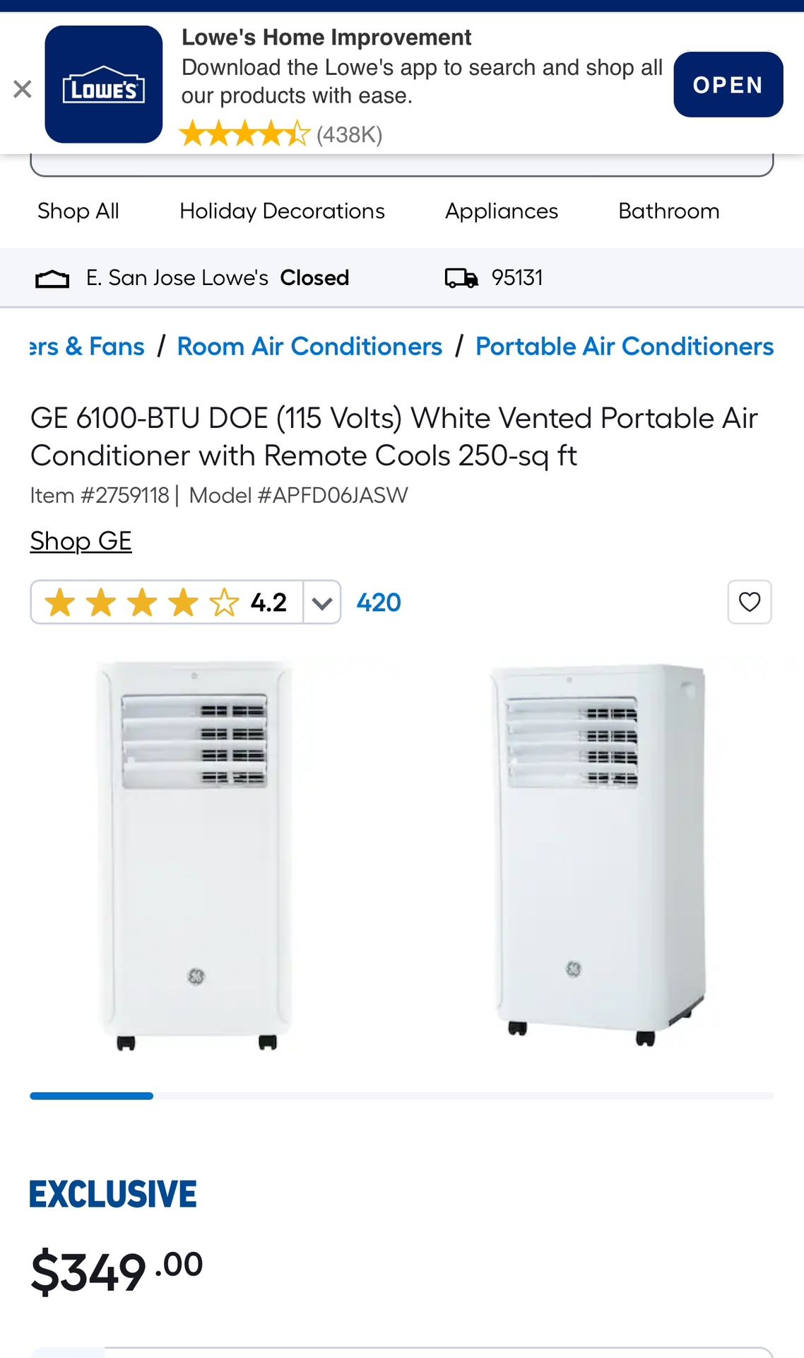 GE® 6,100 BTU PORTABLE AIR CONDITIONER WITH DEHUMIDIFIER , WHITE