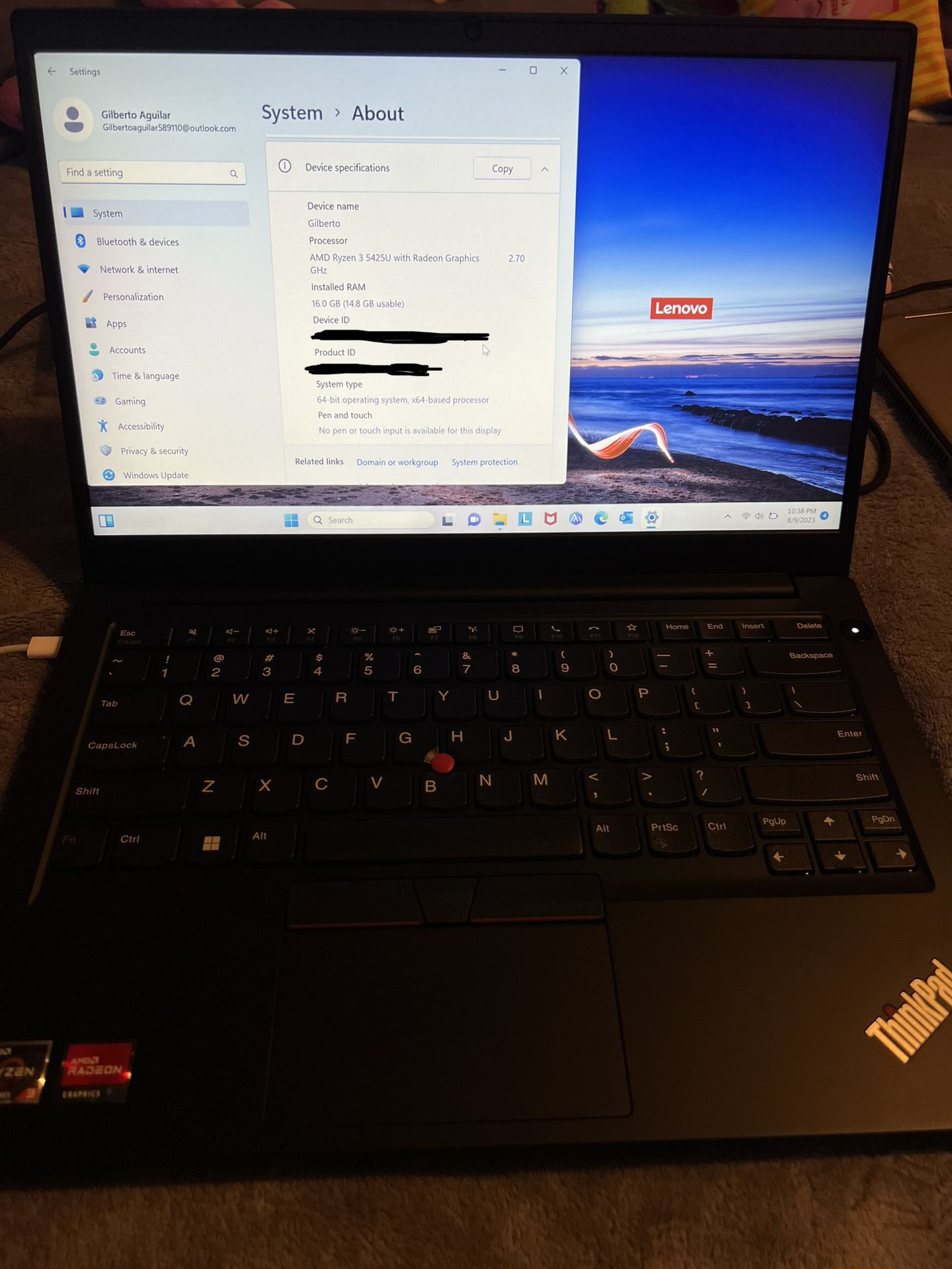 Lenovo ThinkPad Laptop AMD Ryzen 3 5000, 16gb Ram, 250gb SSD 