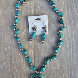 Blue Turquoise Navajo Earrings & Necklace Set 24"