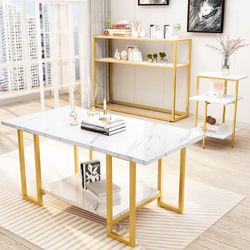 Modern 2 Tiers 3 Pieces Accent Coffee Table Set, side table and console table. Gold/White