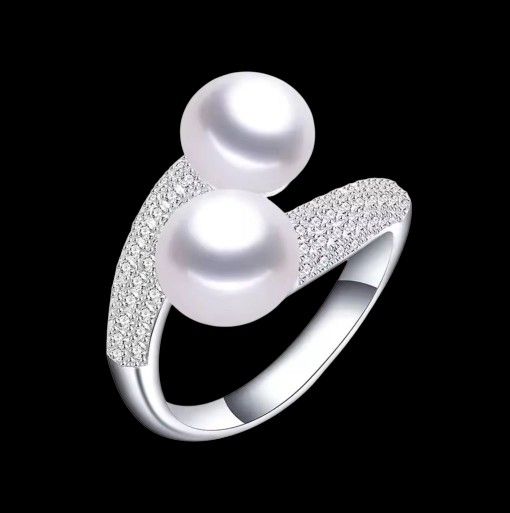 925 Sterling Silver Natural Freshwater Double Pearl Ring for Women 