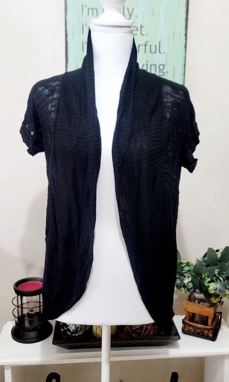 Woman's High Collar Black Open-Front Semi Sheer Sweater