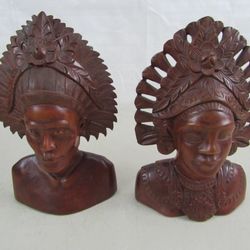 Vintage Klungkung Bali Indonesian Hand Carved Wooden Man & Woman Busts


