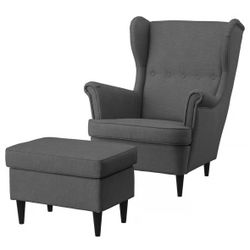 Two Gray Wing Chairs And One Ottoman 