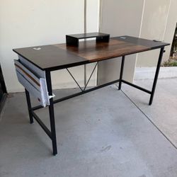 New In Box 55x24x30 Inch Tall Office Computer Desk Table 2 Tone Rustic Brown Black With Removable Monitor Stand 
