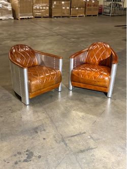 Top Grain Genuine Leather Aviator Armchair with Aluminum Patchwork