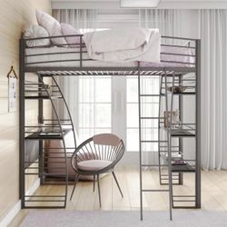 DHP Sage Studio Twin Metal Loft Bed with Integrated Desk and Shelves, Silver