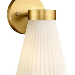 Brushed Gold Wall Lamp with Frosted Milk White Striped Glass Shade
