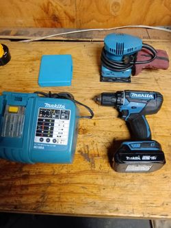 Lot of power tools  Makita drill battery charger sander Ridgid impact wrench Ryobi drill impact battery charger  Milwaukee bandsaw