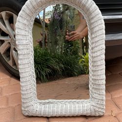 Vintage White Wicker Rattan Wall Mirror