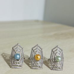 🎃🕸️ Halloween (or anytime) Spider Web Pearl Rings - S925 Sterling Silver (Adjustable)