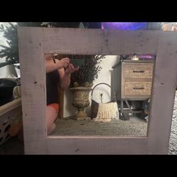 farmhouse style handmade wood mirror distressed in a oatmeal color