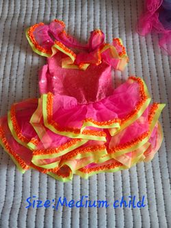 Girls Neon Pink & Orange Ruffle Jazz Tap Dance Costume - Size MC
