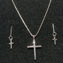 Minimal S925 Sterling Silver Cross Necklace And Earrings Set