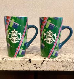 Starbucks 2020 Holiday Christmas Ceramic Latte Mug Coffee Cup 16 oz Green Plaid Design  Mermaid Logo Set of 2