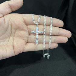 925 Sterling Silver Mens Women Cross Crucifix Pendant & Valentino Chain