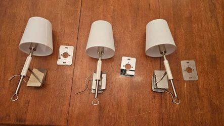Set of 3 Chrome & Leather Wall Sconces with Linen Shades, Sold as set $60