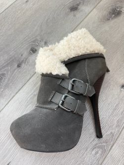 Gray shoe boots with fake fur trim. Size 5.5 stiletto heels