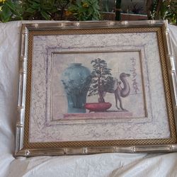 Original water color painting of a camel, ikebana and ginger vase