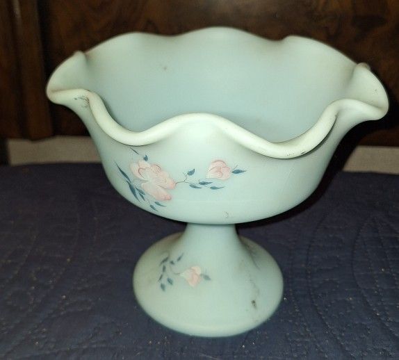 Vintage Fenton Blue Satin Glass Footed Pedestal Compote Hand Painted and Signed by C Smith